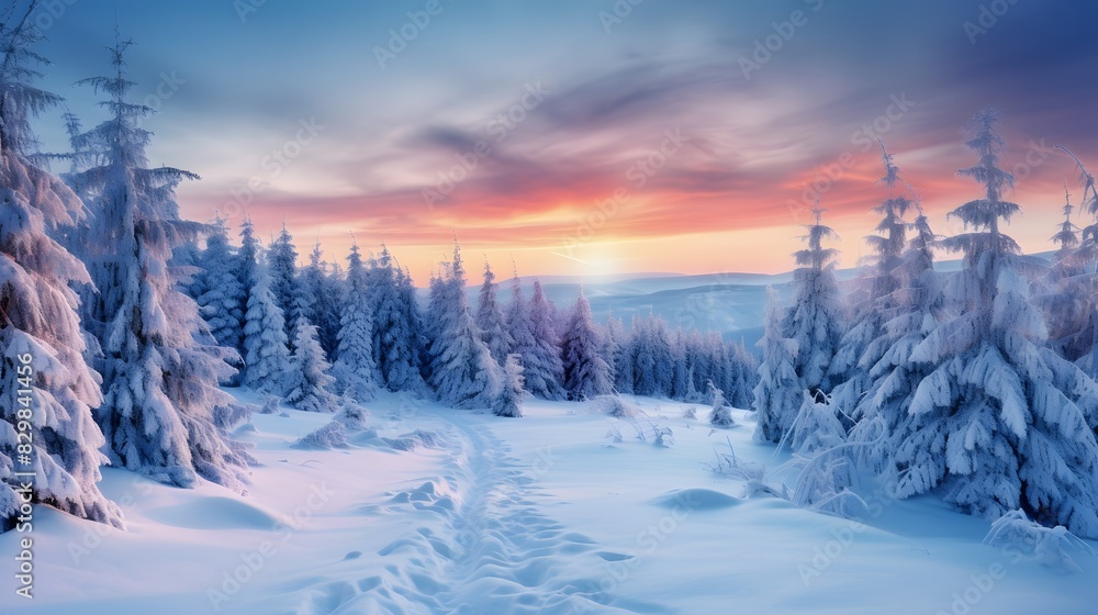 Beautiful winter landscape with snow covered trees and mountains at sunset. Generative AI.