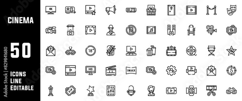 50 Cinema Icons Set Line Editable Vector Illustration