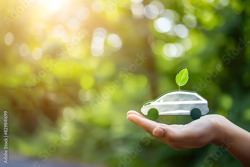 hand holding a car with green fuel icon. concept alternative fuel sources. generative ai photo