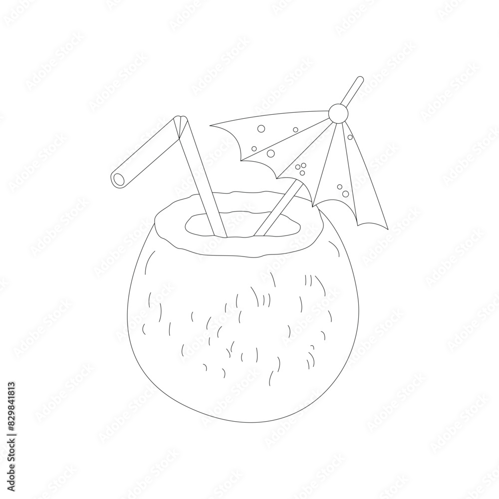 Summer coconut cocktail vector concept. Cold and refreshing drink for hot weather. Coconut with drink icons for menu, web and graphic design. Linear illustration isolated on white background Summer coconut cocktail vector concept. Cold and refreshing drink for hot weather. Coconut with drink icons for menu, web and graphic design. Linear illustration isolated on white background