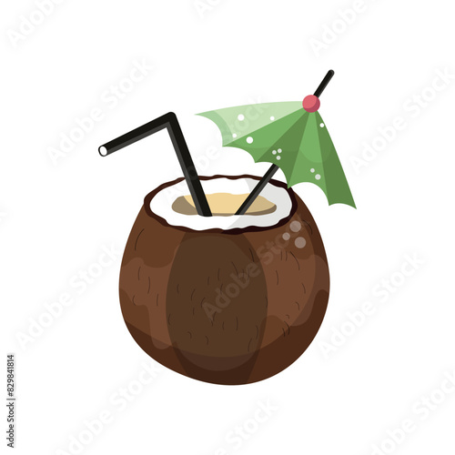 Summer coconut cocktail vector concept. Cold and refreshing drink for hot weather. Coconut with drink icons for menu, web and graphic design.  Cartoon flat illustration isolated on white background