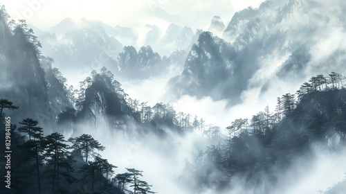 A beautiful landscape of misty mountains and dense forests. The fog gives the scene an air of mystery and tranquility.
