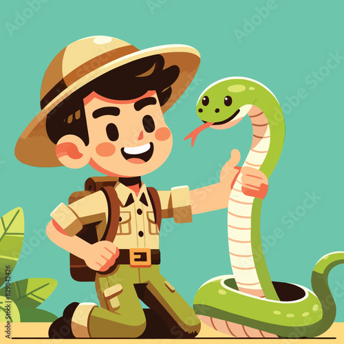 cartoon of an adventurer interacting with a snake