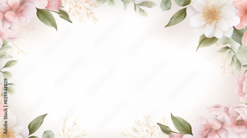 Fototapeta premium Elegant Floral Border with Pink and White Flowers and Green Leaves