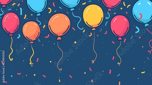 Colorful balloons floating up on a blue background. The balloons are red, yellow, blue, orange, pink, and green. photo