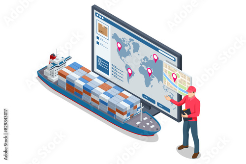 Isometirc Ship delivery, sea logistics. Warehouse, cargo, courier. Sea freight, ship. Cargo containers with Import and Export Logistics. Online Cargo Tracking