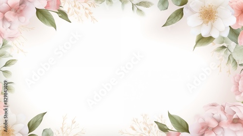 Elegant Floral Border with Pink and White Flowers and Green Leaves © Miva