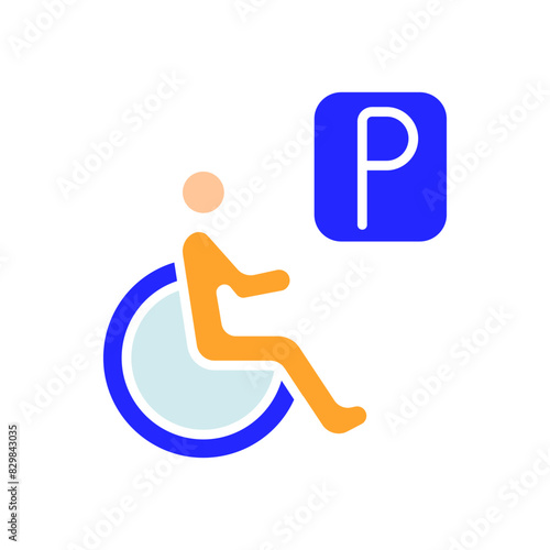 Disability parking set icon. Person in wheelchair, accessibility, reserved parking, mobility aid, inclusive design, handicap spot, support, special needs.