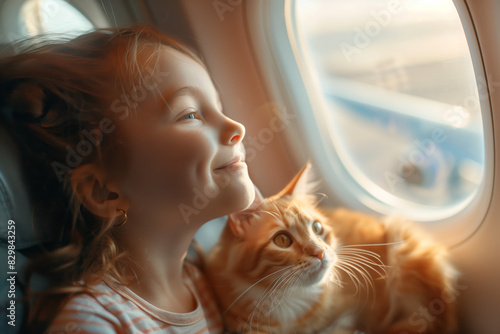 Happy child in with her cat in the airplane cabin