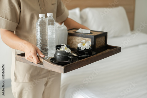 The housekeeper hotel cleans and arranges things in order. prepares to welcome VIP guests