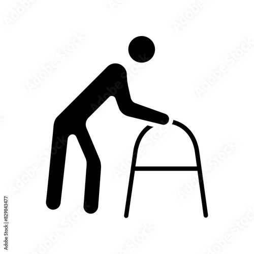 Elderly care set icon. Senior person with walker, mobility aid, aging support, senior assistance, geriatric care, physical aid, elderly independence.