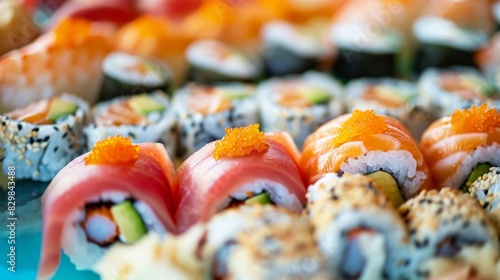 A composition of sushi on a blue background focusing on the brightness of colors and the appetizing look of the dishes