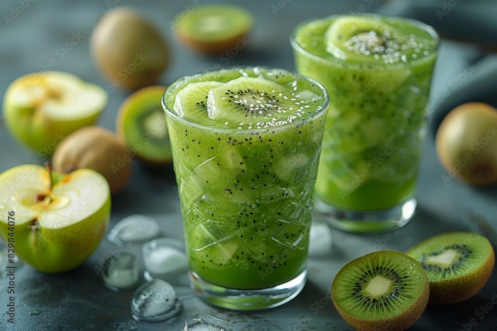 Fototapeta premium Apple Kiwi Smoothie - Light green with apple and kiwi slices.