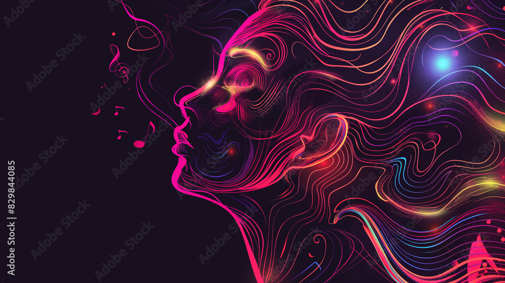 Art design featuring neon lights and dynamic lines forming the silhouette of a woman's head Art design featuring neon lights and dynamic lines forming the silhouette of a woman's head