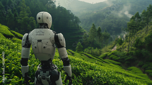 A white humanoid robot with black eyes and no hair, wearing an advanced combat suit, standing in the middle of green tea fields surrounded by dense forests photo