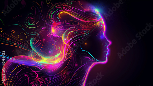 Art design featuring neon lights and dynamic lines forming the silhouette of a woman's head, with swirling patterns