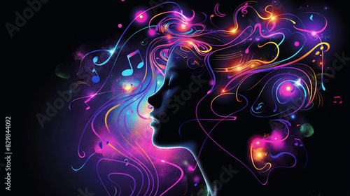 Art design featuring neon lights and dynamic lines forming the silhouette of a woman's head, with swirling patterns around her face that give off psychedelic vibes.