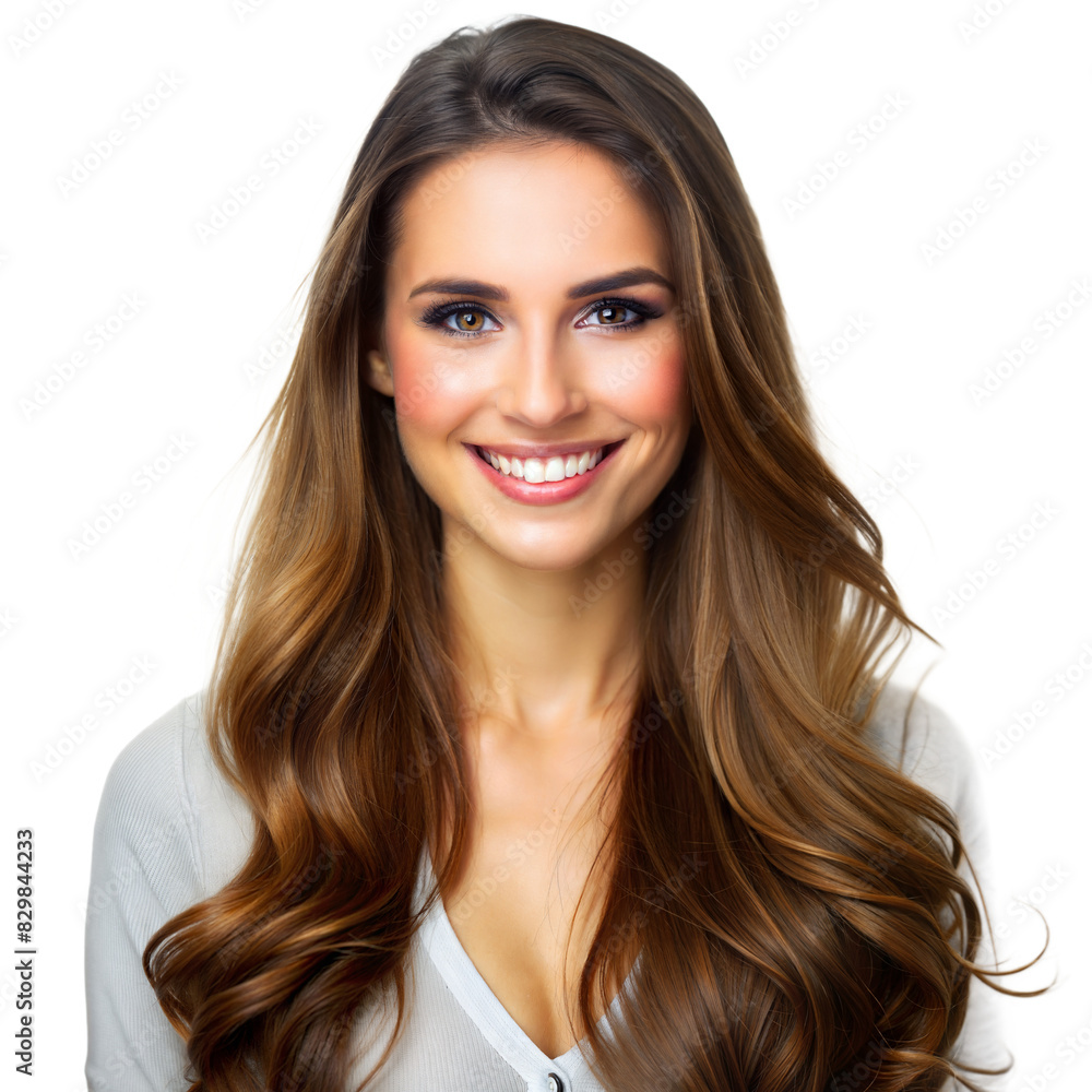 Portrait of a smiling woman with long brown hair in a white shirt Portrait of a smiling woman with long brown hair in a white shirt
