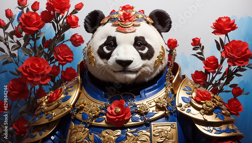  a panda wearing golden and blue armor with red roses surrounding it.