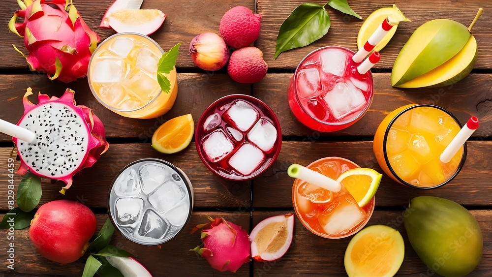 A visually delightful arrangement of fresh fruit iced drinks displayed on a rustic wooden table. A visually delightful arrangement of fresh fruit iced drinks displayed on a rustic wooden table.