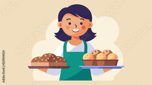 A parent proudly displays a tray of glutenfree and nutfree baked goods ensuring that everyone can find soing to enjoy at the sale.. Vector illustration