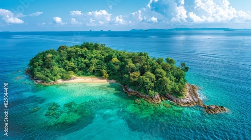 Highangle photograph of a secluded island with a dense forest  surrounded by turquoise waters The islands unspoiled beauty and tranquility are ideal for ecotourism campaigns
