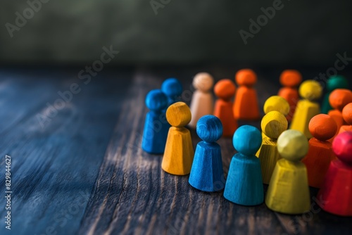 Close-up of colorful wooden figurines arranged on a rustic wooden surface  with vibrant colors and textures standing out against a blurred background