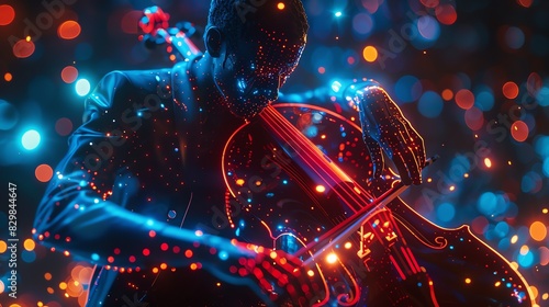 Classical performance in neon shot of a classical musician in neon 3D attire, close up, elegant contrast theme, ethereal, Blend mode, classical concert photo