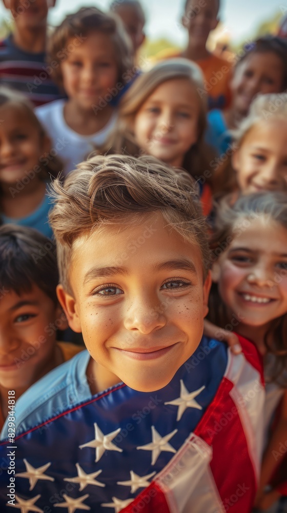 Fototapeta premium Portrait of children holding the US flag outdoors.