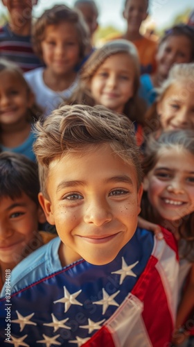 Portrait of children holding the US flag outdoors.
