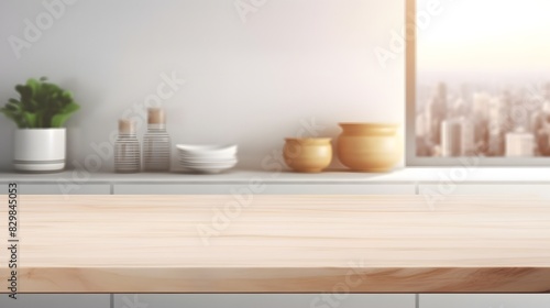 Minimalist wooden table in modern white kitchen. Product presentation mockup. Generative AI.