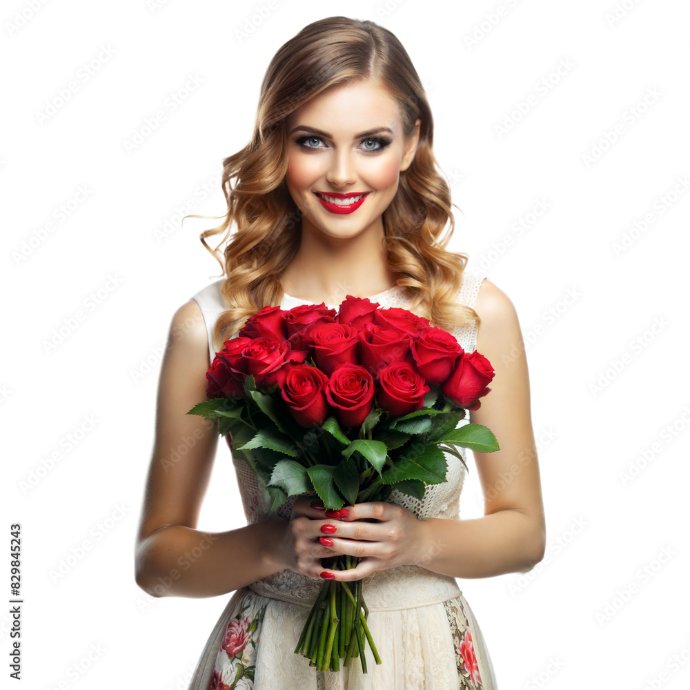 A cheerful woman holds a vibrant bouquet of red roses, showcasing happiness and elegance indoors A cheerful woman holds a vibrant bouquet of red roses, showcasing happiness and elegance indoors
