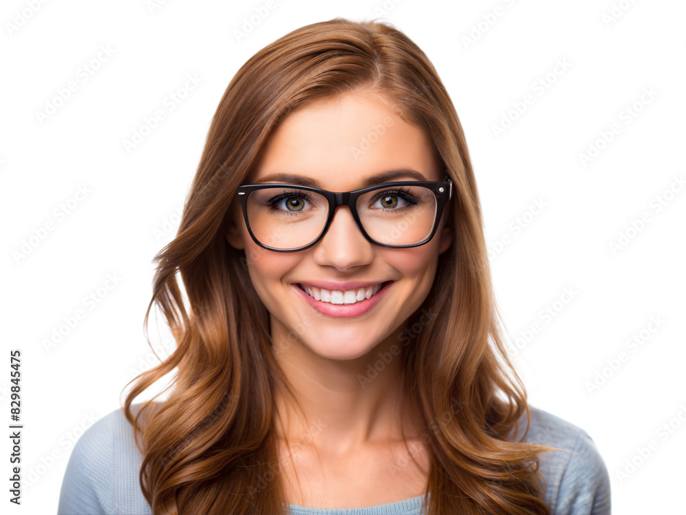 Young woman with long brown hair and glasses smiling Young woman with long brown hair and glasses smiling