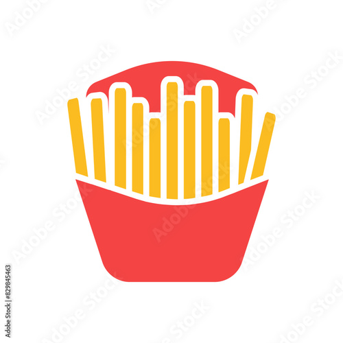 French fries set icon. Potato sticks, fried, crispy, fast food, snack, side dish, red container, salted, golden.