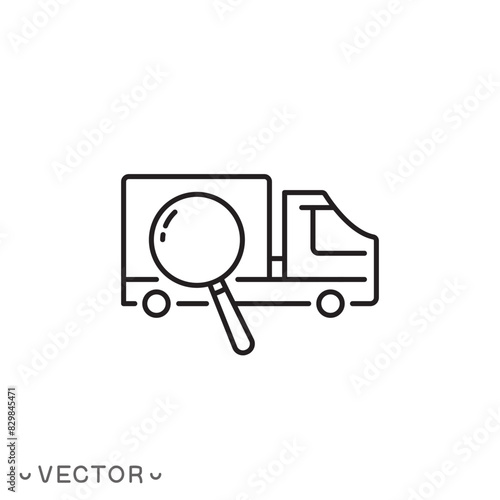 truck technical inspection icon, magnifying glass with vehicle, auto search or check, thin line symbol isolated on white background, editable stroke eps 10 vector illustration