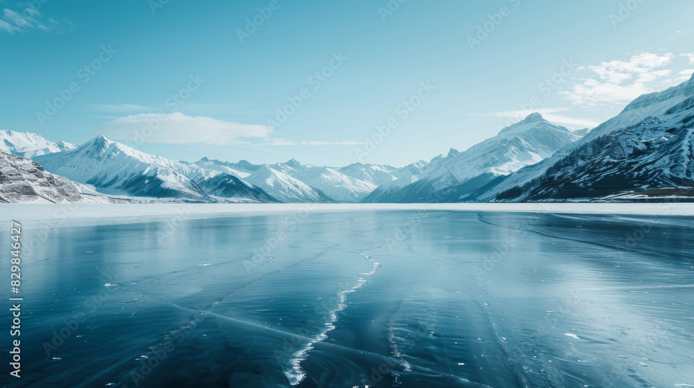 Snow-capped mountains and a frozen river landscape background