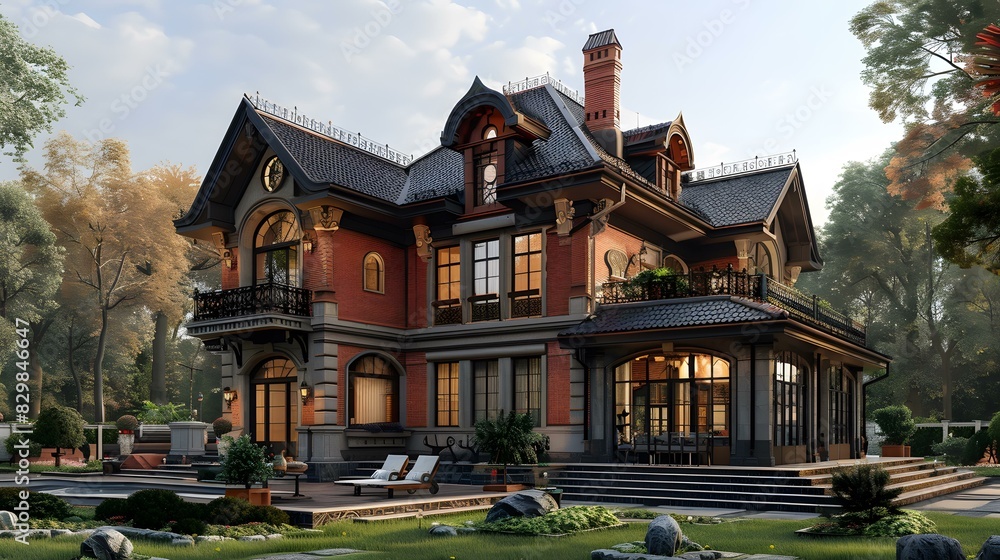 Fototapeta premium European-style house with a beautiful yard