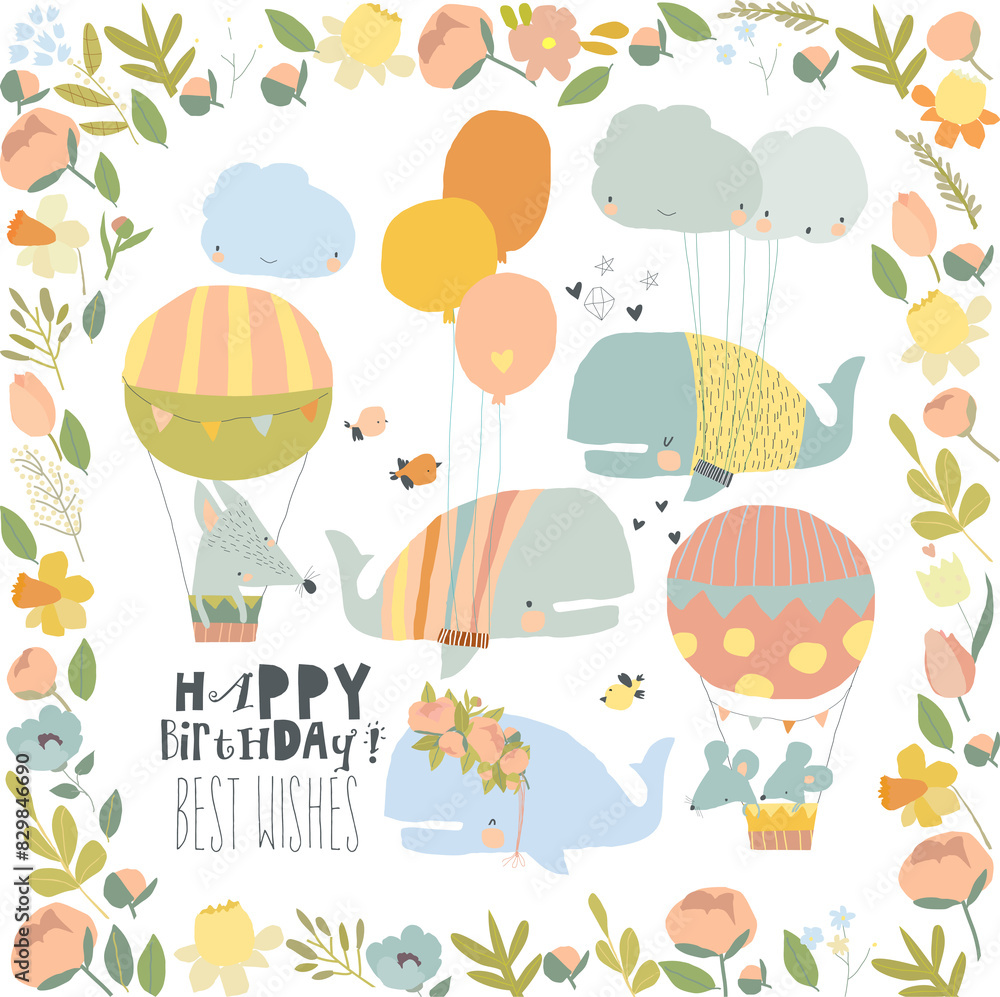 Naklejka premium Cartoon Card with Cute Whales celebrating Birthday. Vector Illustration