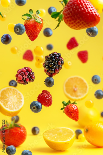 Colorful assortment of berries and fruits in air on bright yellow background. Summer background with fresh berry and fruit pattern