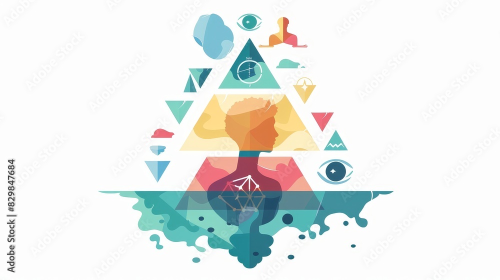 Abstract illustration featuring a silhouette of a person with geometric shapes and symbols, representing meditation, mindfulness, and self-discovery.