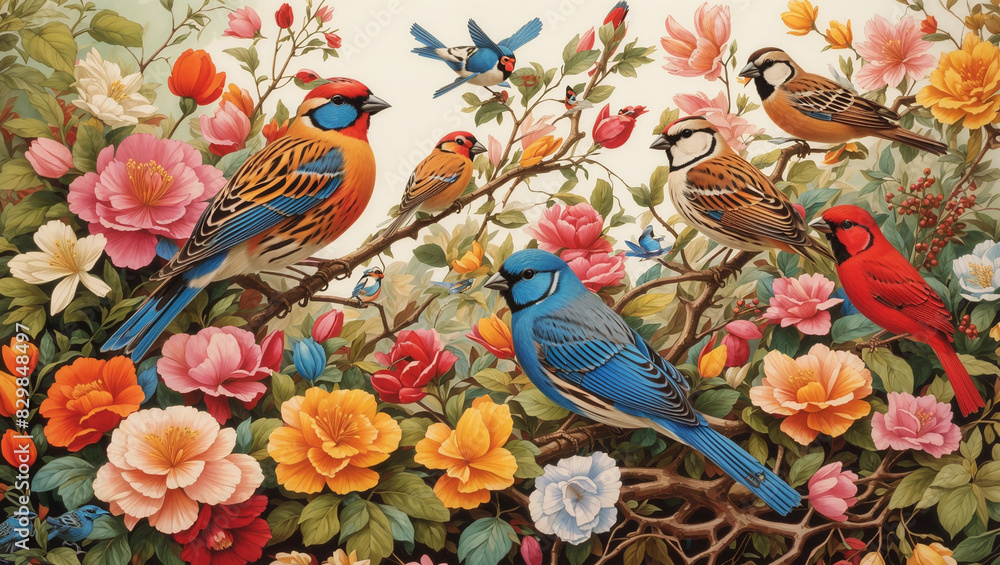 several birds of different colors perched among green leaves and many different types of flowers.