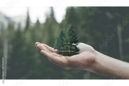 hand holding a forest icon. concept protecting forest ecosystems. generative ai photo