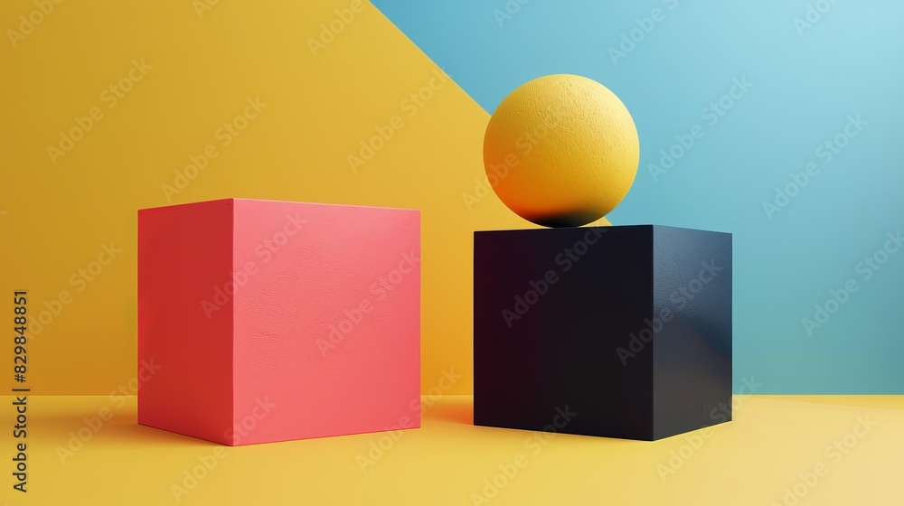 A minimalist composition featuring a red cube, a black cube, and a yellow sphere against a colorful geometric background A minimalist composition featuring a red cube, a black cube, and a yellow sphere against a colorful geometric background