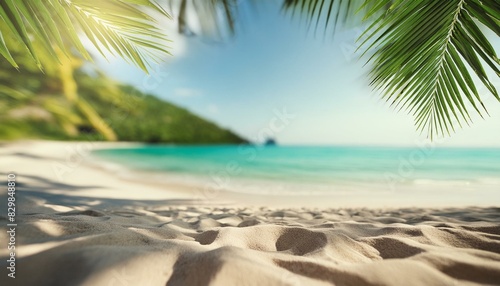 Background of a tropical beach with lush vegetation  clear sky  and turquoise water