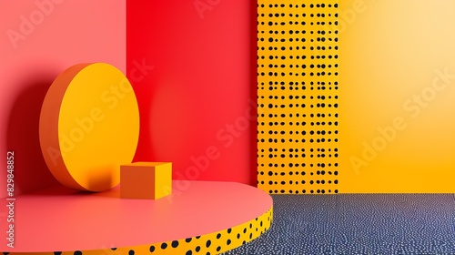 A vibrant, modern interior with geometric shapes and bold colors. The room features red, yellow, and orange walls with polka dot patterns, a large circular platform, and a small cube