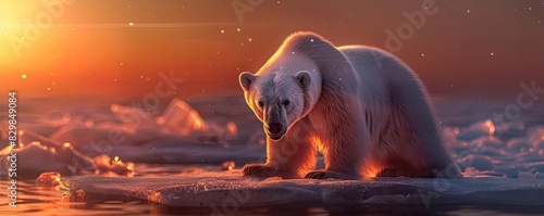 Majestic polar bear standing on icy terrain under a vibrant sunset, showcasing the beauty of Arctic wildlife in its natural habitat. photo
