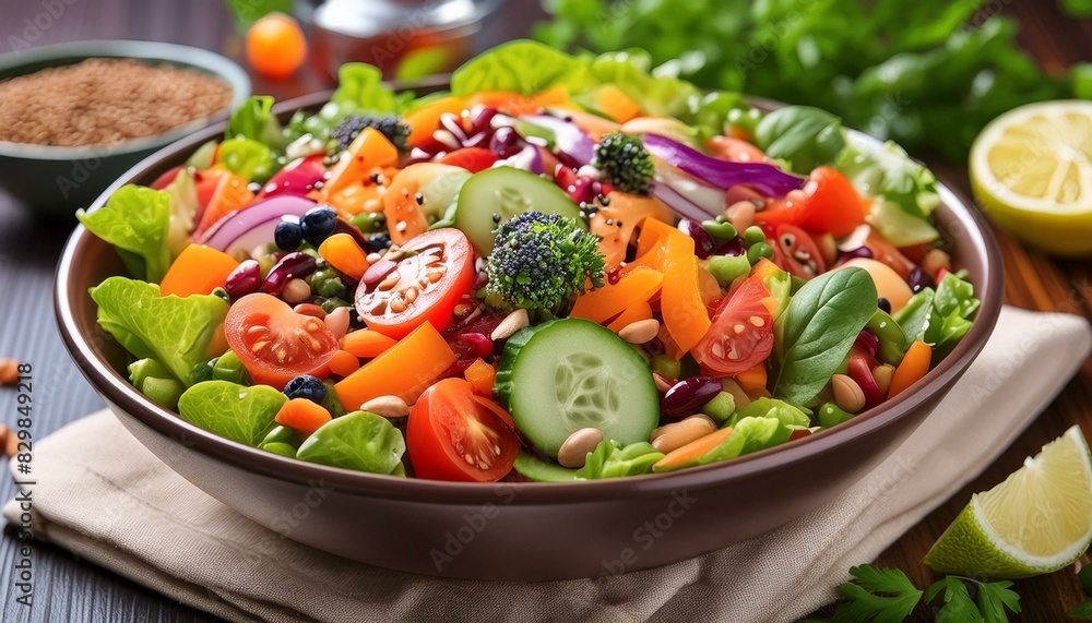 Close-up of a nutritious and colorful salad bowl with fresh vegetables, grains, and healthy Close-up of a nutritious and colorful salad bowl with fresh vegetables, grains, and healthy