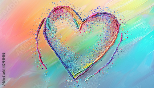 A heart drawn with rainbow-colored sand  textured and delicate  against a gradient background that echoes the rainbow theme.