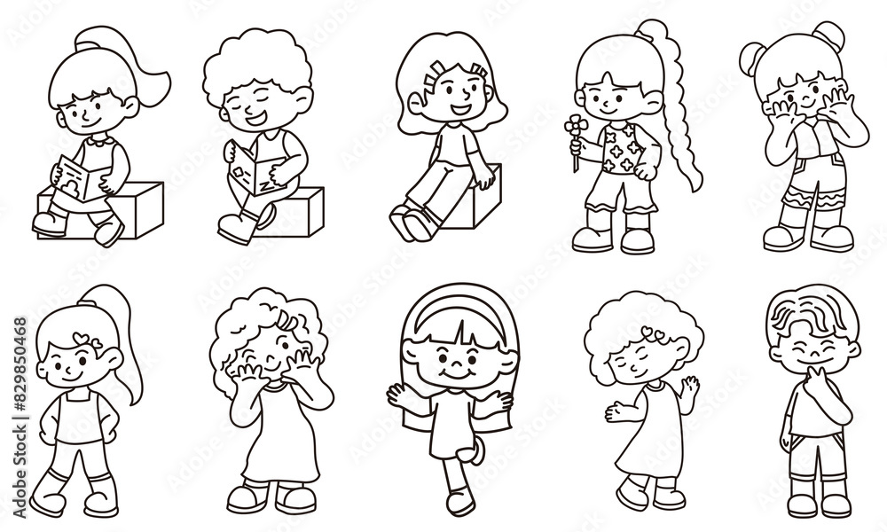 Cute children character illustration line vector