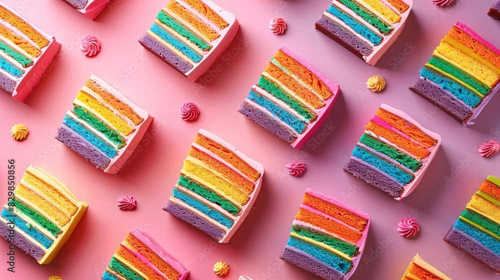 Colorful slices of rainbow cake pieces arranged in a grid pattern on a pink background, with small swirls of frosting scattered around Colorful slices of rainbow cake pieces arranged in a grid pattern on a pink background, with small swirls of frosting scattered around